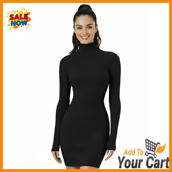 Dresses & Skirts - Turtleneck Ribbed Bodycon Sweater Dress Long Sleeve Slim Fit